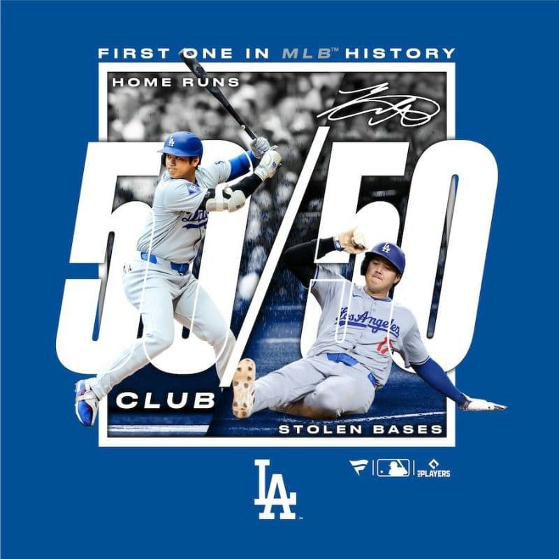 大谷翔平選手 史上初 50/50 達成記念Tシャツ XL Fanaticsブルー
