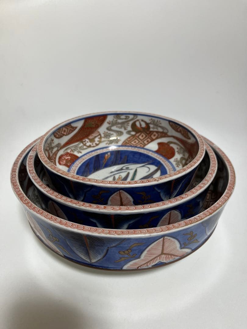 骨董　器　古伊万里　色絵鷺図大中小3つ揃え　鉢　幕末　蔵出し　有田焼　工芸品