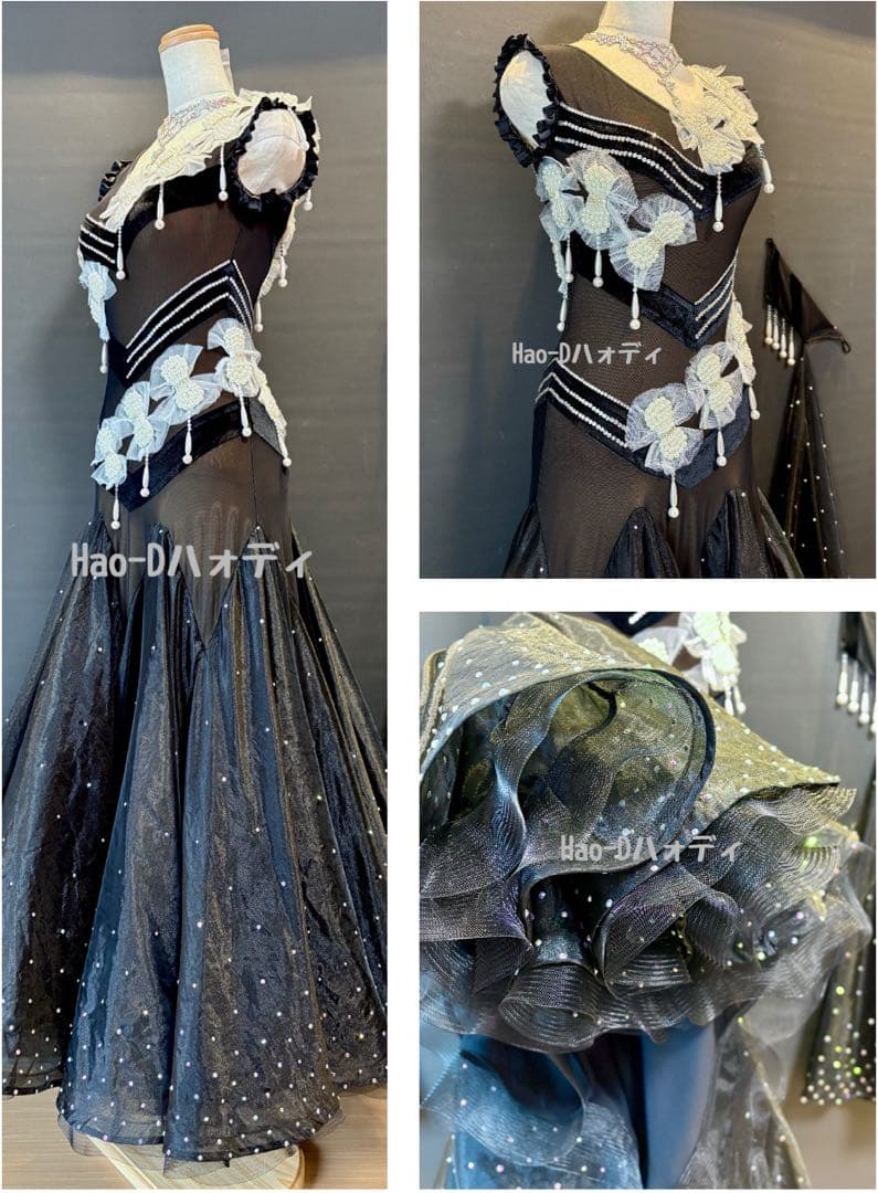 新品★ドレス★スタンダード★ブラック★パールリボン★競技会★社交ダンス