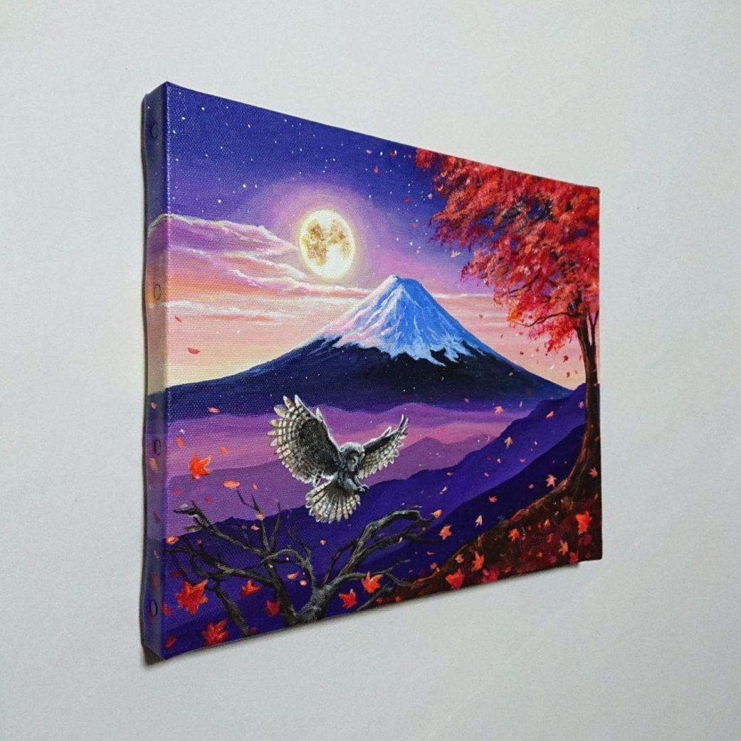 【月光と富士】アクリル画 F3 風景画 絵画