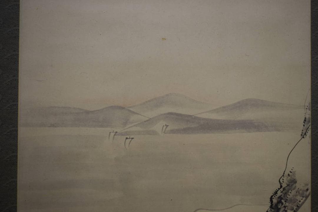 真作/藤井松林/内海風景遠望図/山水帆船図/桐極箱付/布袋屋掛軸HI-393