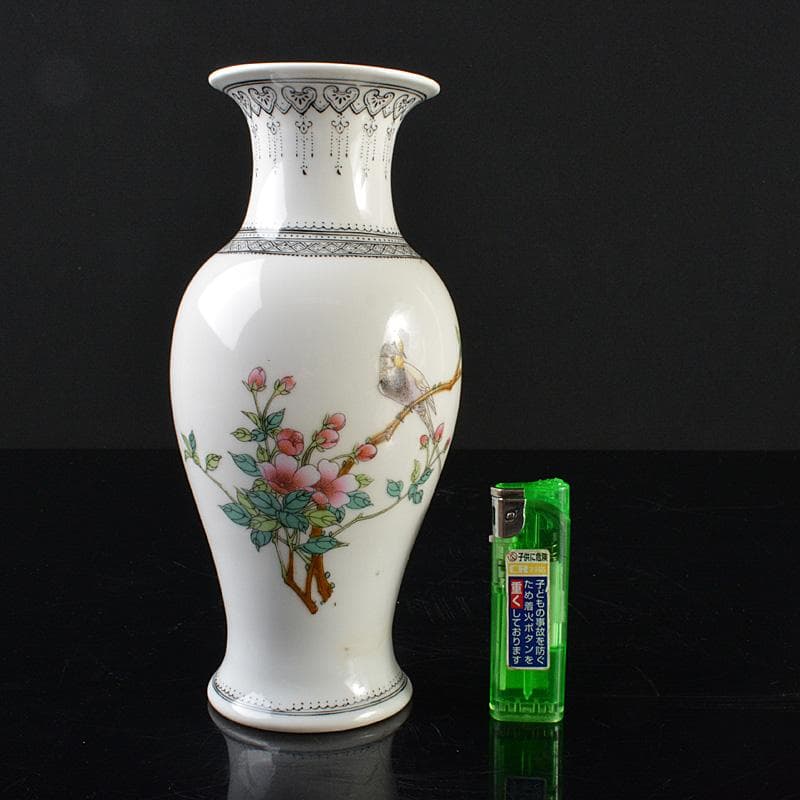 中国　中国景徳鎮製　粉彩漢詩花鳥文瓶　時代箱　M　R6295