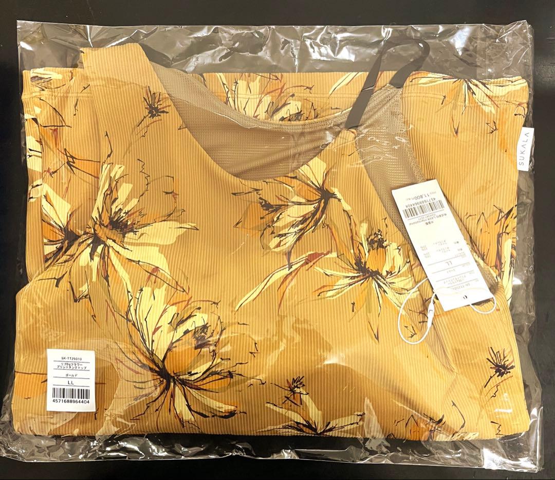 【新品♡L L】SUKALA リブBigフラワープリントタンクトップ　ゴールド