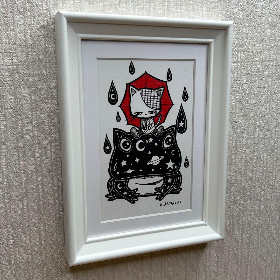 動物 原画 絵 手描き 癒し 猫 カエル 一点物 額縁付き 『赤い奇跡』