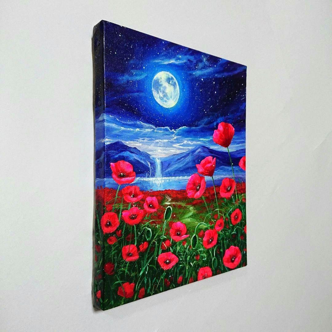 【ポピーが見る月】アクリル画 F3 風景画 絵画